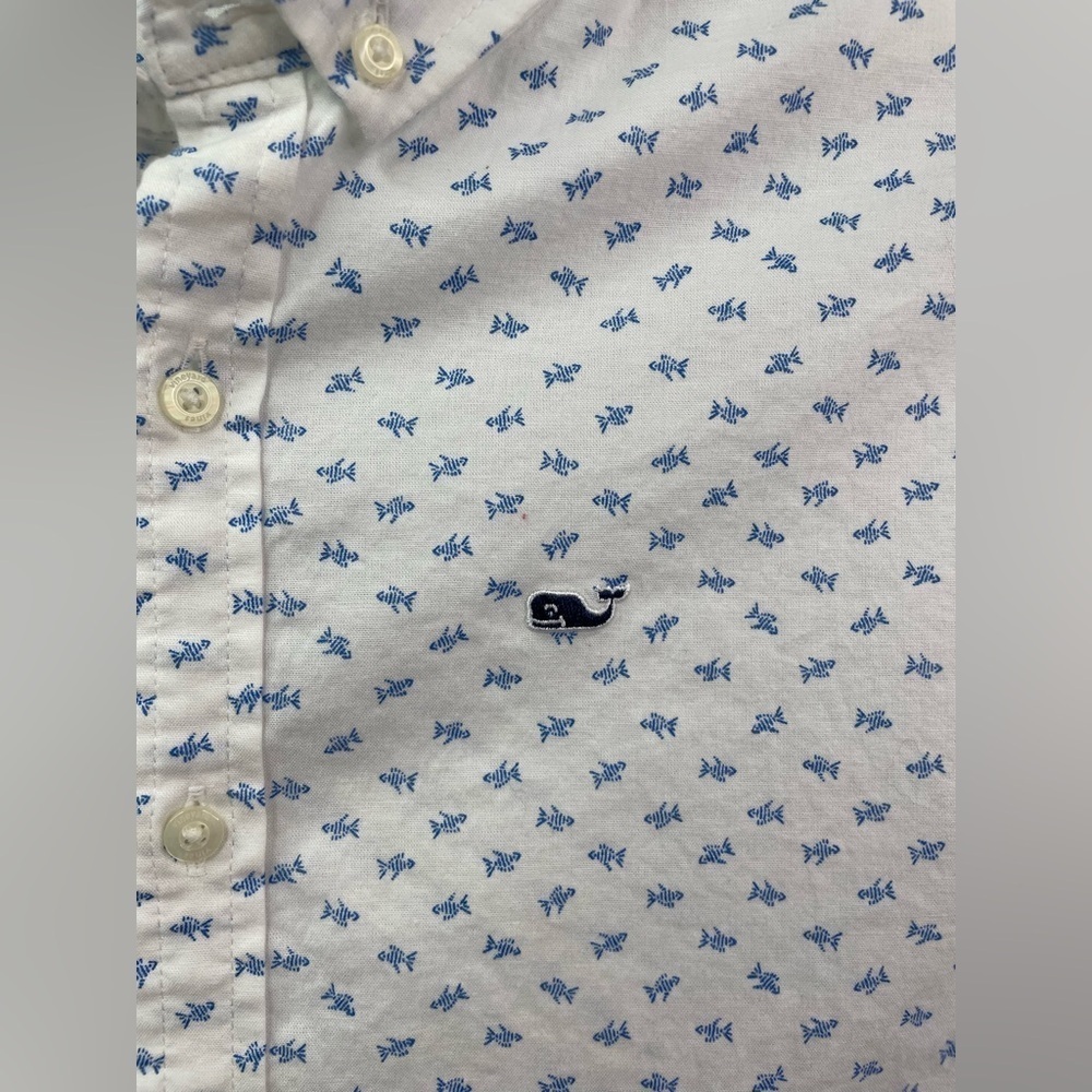 Vineyard Vines Stretch Cotton Micfish White and Bkue Shirt Size Large - Picture 2 of 7
